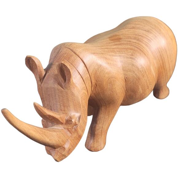 Vntg 60s Hand Carved Wood Rhino Indian Rhinoceros Midcentury Folk Art Rustic - Picture 1 of 6